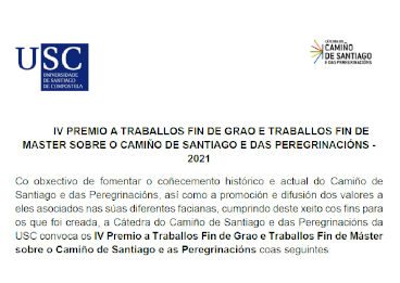 IV Premio a trabajos fin de grado y trabajos fin de master sobre el Camino de Santiago y de las peregrinaciones.