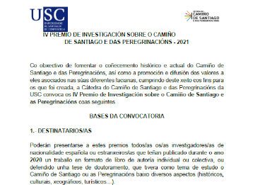 CORRECCION DE ERROR en la convocatoria del IV Premio de Investigación sobre el Camino de Santiago y las Peregrinaciones 2021